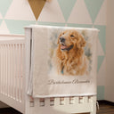 A golden retriever portrait blanket hangs over a white crib in a colorful nursery.