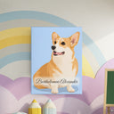 A cartoon corgi canvas brightens a playful room with a pastel rainbow wall.