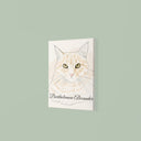 A line art cat portrait canvas hangs on a soft green wall.