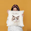 A woman peeks over a pillow with Willow's cat portrait against a yellow backdrop.