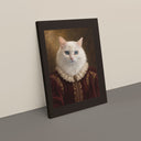 A Royal / Renaissance cat portrait leans at an angle in a neutral studio.