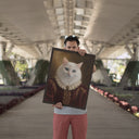 A man holds a Royal / Renaissance cat portrait beneath a bridge.