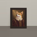 A Royal / Renaissance corgi portrait rests against a neutral studio wall.