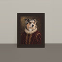 A Royal / Renaissance dog portrait with a dark border stands in a neutral studio.