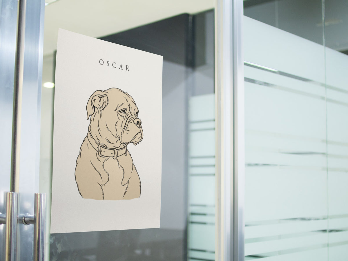Line Art portrait of a boxer named Oscar printed as a poster on a glass door