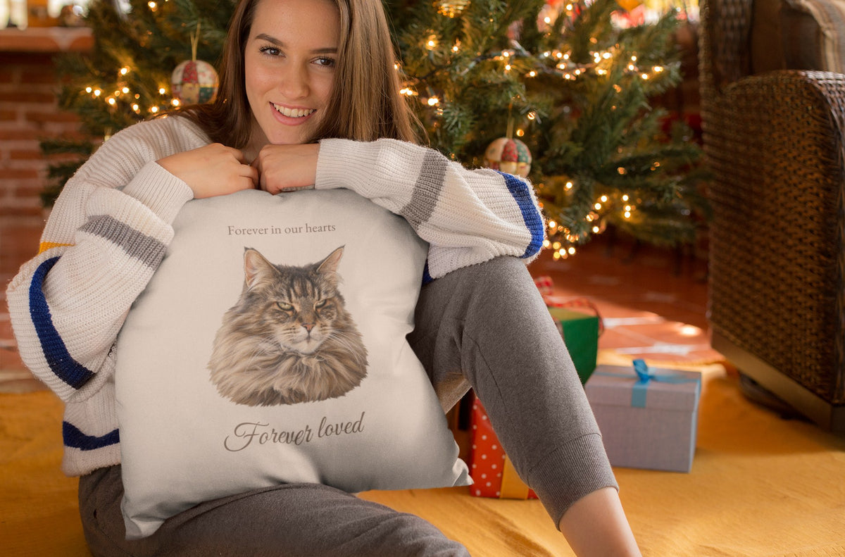 Woman hugging a memorial pillow with an Oil Realistic portrait of a Maine Coon cat