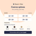 Compare canvas sizes, frame colors and options for one to three pets.