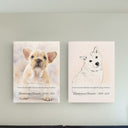 Two memorial dog portrait canvases display different artwork styles on a pale wall.