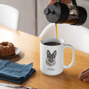Coffee pours into a white memorial mug with an Atlas dog portrait.