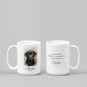Two white Shadow memorial mugs show a dog portrait and a tribute on a gray backdrop.