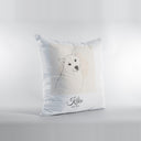 A white memorial pillow displays Kiko's line portrait, name and dates.