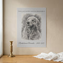 A memorial dog portrait poster hangs above a wooden surface with a brass candlestick.