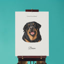 A memorial Rottweiler portrait poster rests on an easel against a teal backdrop.