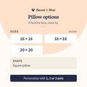 Compare three square pillow sizes for a portrait of one to three pets.