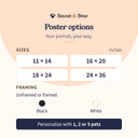 Compare poster sizes, frame colors and options for one to three pets.