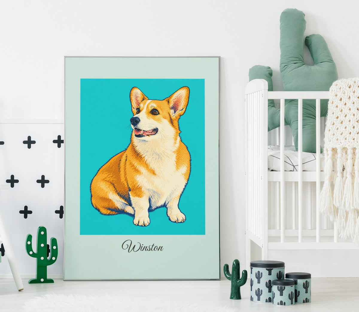 Pop Art corgi portrait on a canvas leaning against a child's bedroom wall