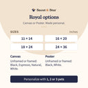 Compare Royal portrait sizes, Canvas and Poster formats, frames and pet counts.
