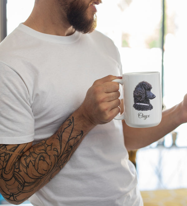 Man holding a mug featuring a custom portrait of Onyx