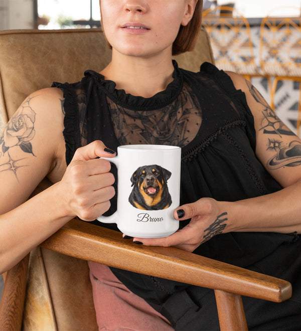 Woman holding a memorial portrait mug featuring Bruno
